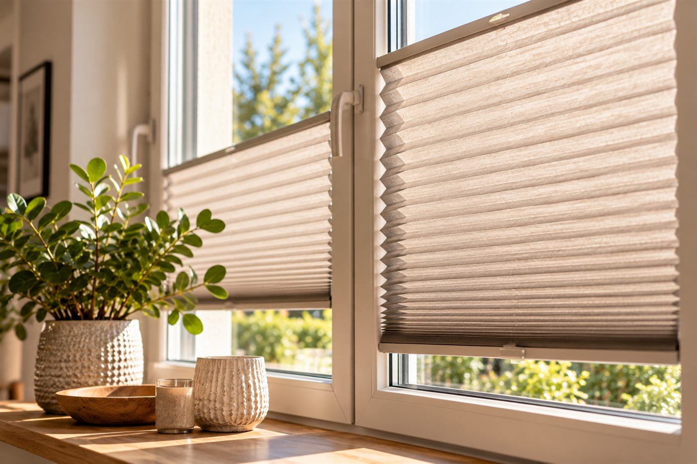 Plissees am Fenster mit Pflanzen